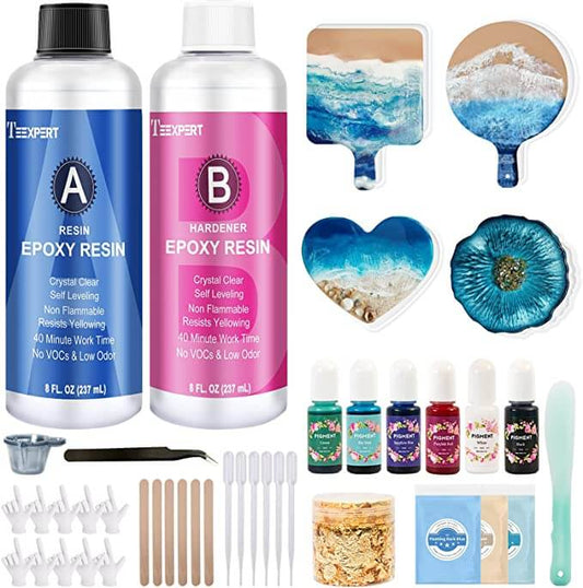 Teexpert All-in-one Epoxy Resin Kit -- 4 Coaster Molds with Marine Style Pigments