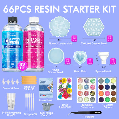 Teexpert Beginner Epoxy Resin Kit 32oz with Molds & 24 Sparkling Colors