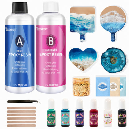 Teexpert Epoxidharz Set Anfänger, 474ML/16OZ Kristallklares Epoxyharz Starter-Set mit Untersetzer- und Tablett-Formen, Pigmenten, Harzzubehör, Gießharz-Schmuckherstellungsset für Kunsthandwerk