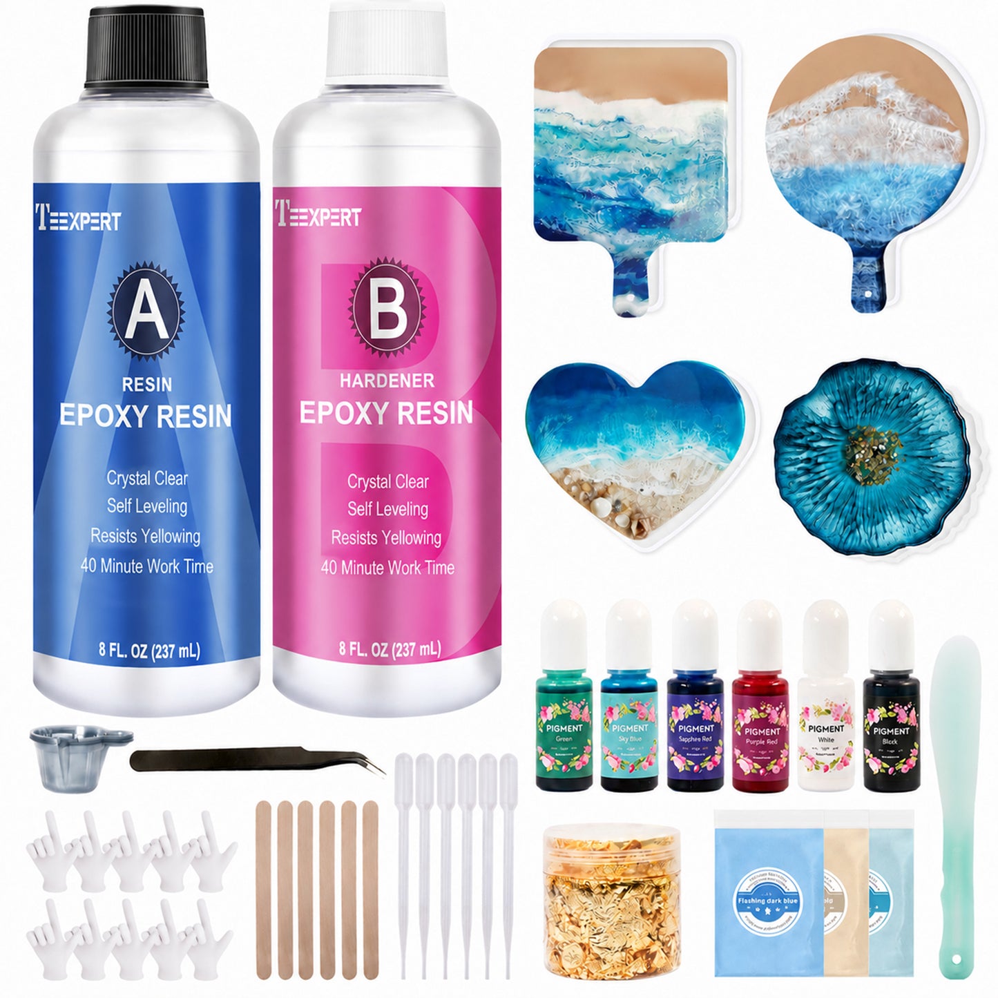 Teexpert ALL-IN-ONE Epoxy Resin Kit - 4 Coaster Molds with Marine Style Pigments